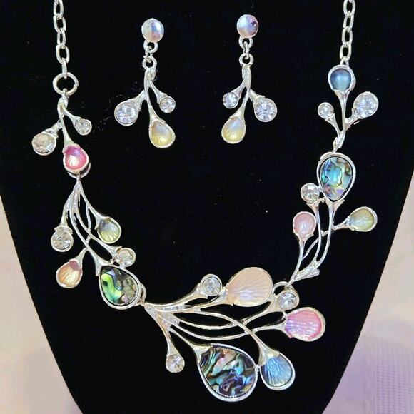 Vtg Abalone Necklace Earring Set Silvertone Pink Abstract 3D Balloons Romance - Picture 1 of 12